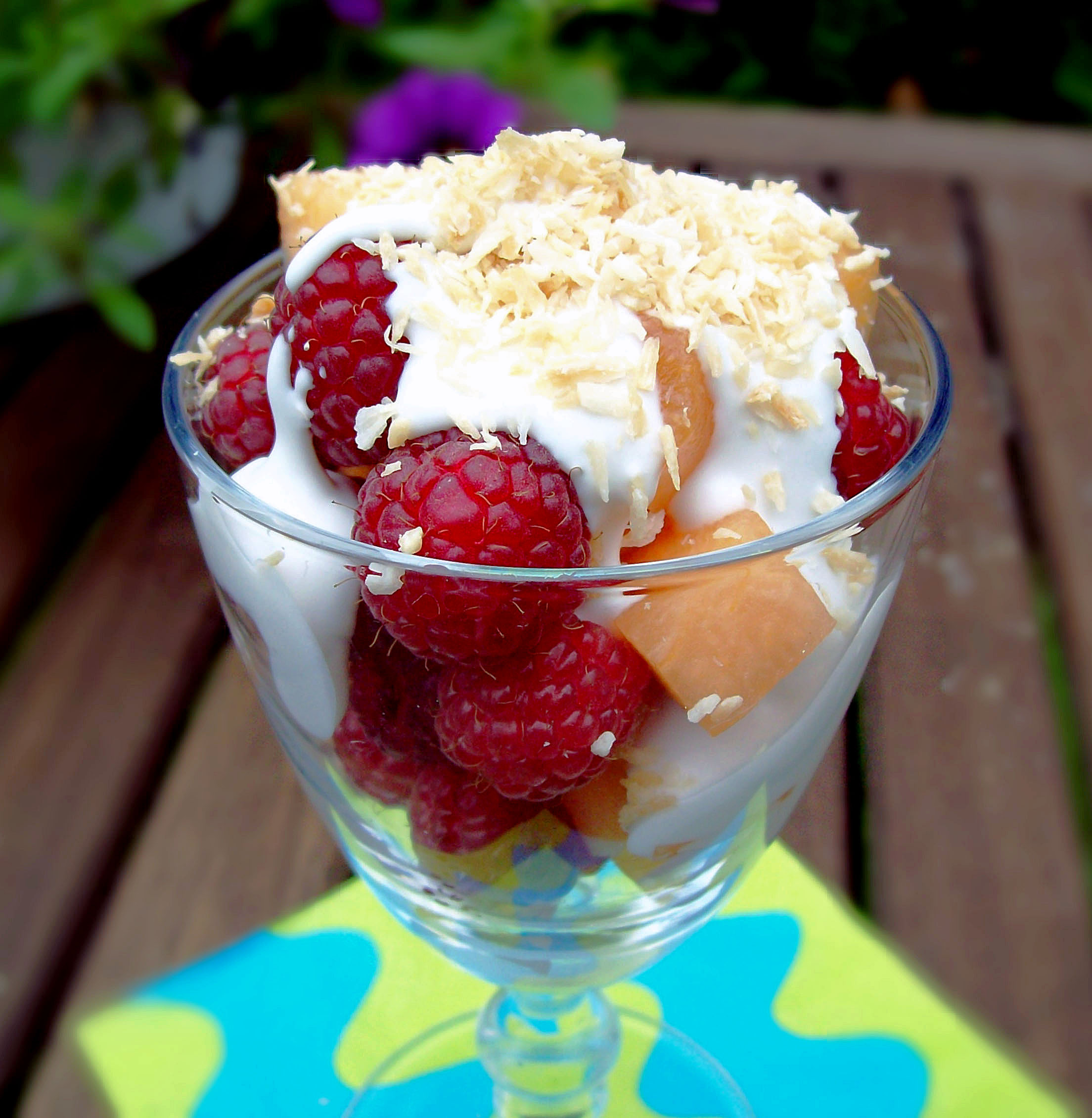 LowCarb Melon and Raspberry Salad with Vanilla Coconut Sauce (Vegan